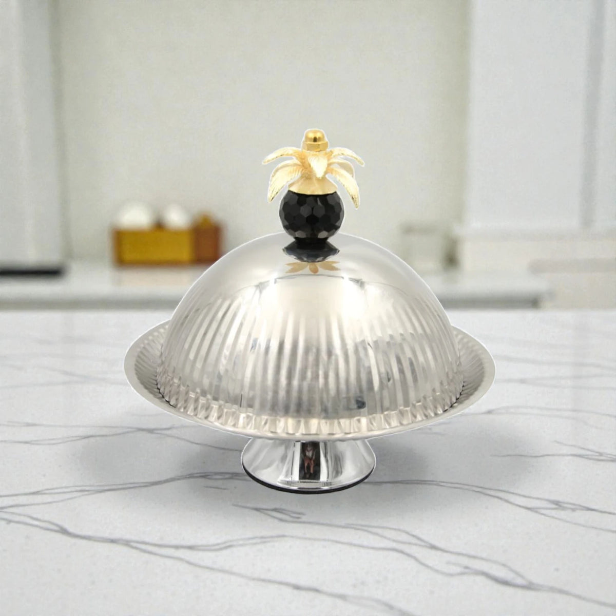 Luxury Metal Covered Serving Tray Stand with Dome Lid & Decorative Palm Handle – Elegant Dessert, Fruit & Snack Display Platter with Lid (24H x 24L x 24W CM) - Damoo