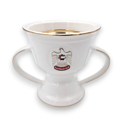 UAE National Emblem Double Handle Serving Cup with Gold Strainer Insert and Decorative Rim (13H x 16L x 12W CM) - Damoo