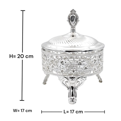 Elegant Footed Silver Candy Bowl with Lid Decorative Serving Bowl for Sweets Dates Nuts Premium Table Centerpiece - Damoo