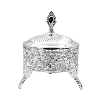Elegant Footed Silver Candy Bowl with Lid Decorative Serving Bowl for Sweets Dates Nuts Premium Table Centerpiece - Damoo