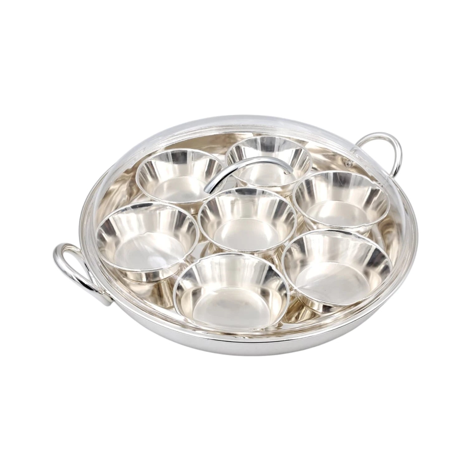 Round Serving Tray with Lid and 7 Bowls Multi Compartment Snack Serving Set with Handles for Nuts Sweets Dates Appetizers (15H x 45L x 39W CM) - Damoo