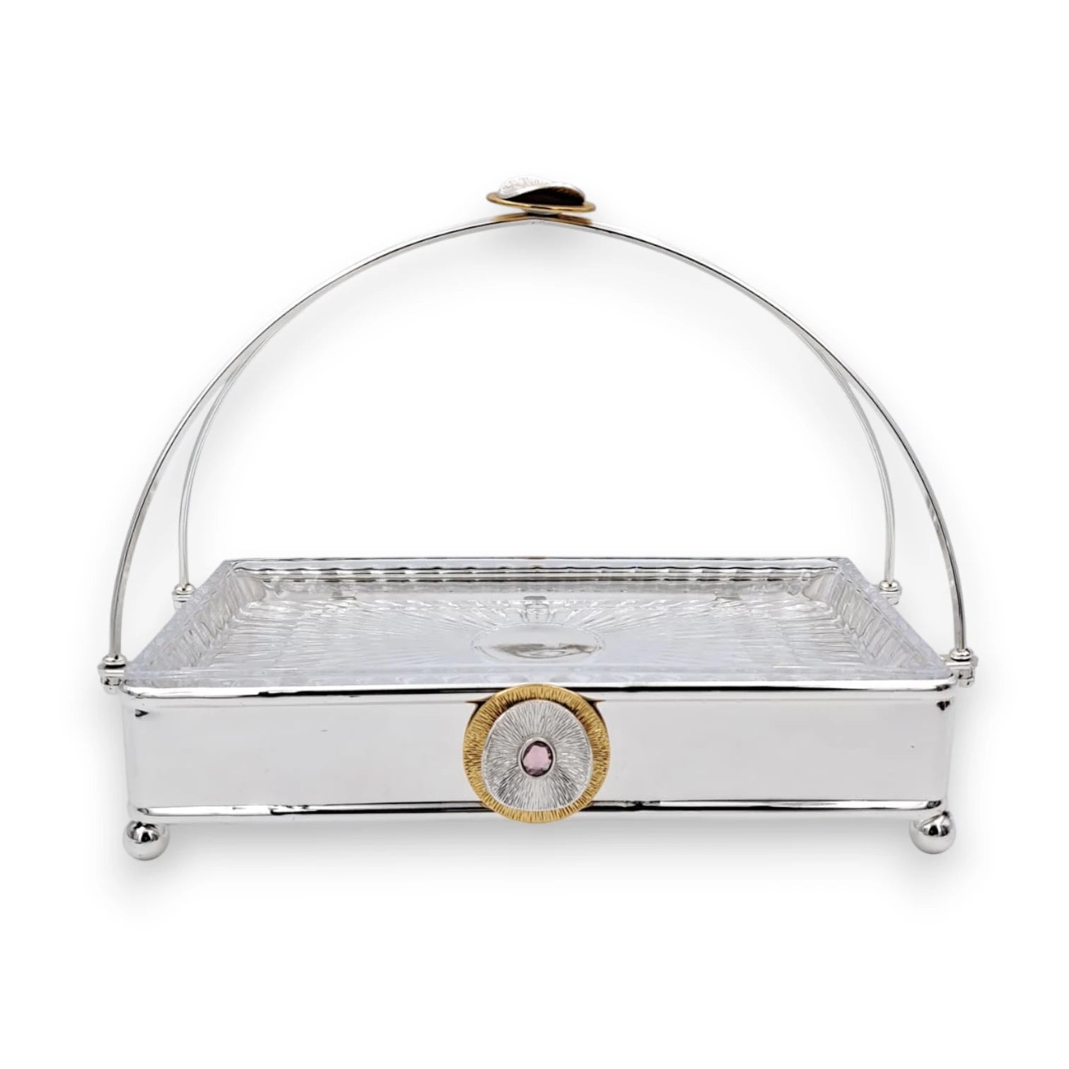 MAY FLOWER Rectangular Serving Tray with Glass Plate Insert and Decorative Arch Handle Elegant Food Display Stand (24H x 31L x 17.5W CM) - Damoo