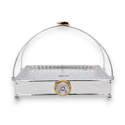 MAY FLOWER Rectangular Serving Tray with Glass Plate Insert and Decorative Arch Handle Elegant Food Display Stand (24H x 31L x 17.5W CM) - Damoo