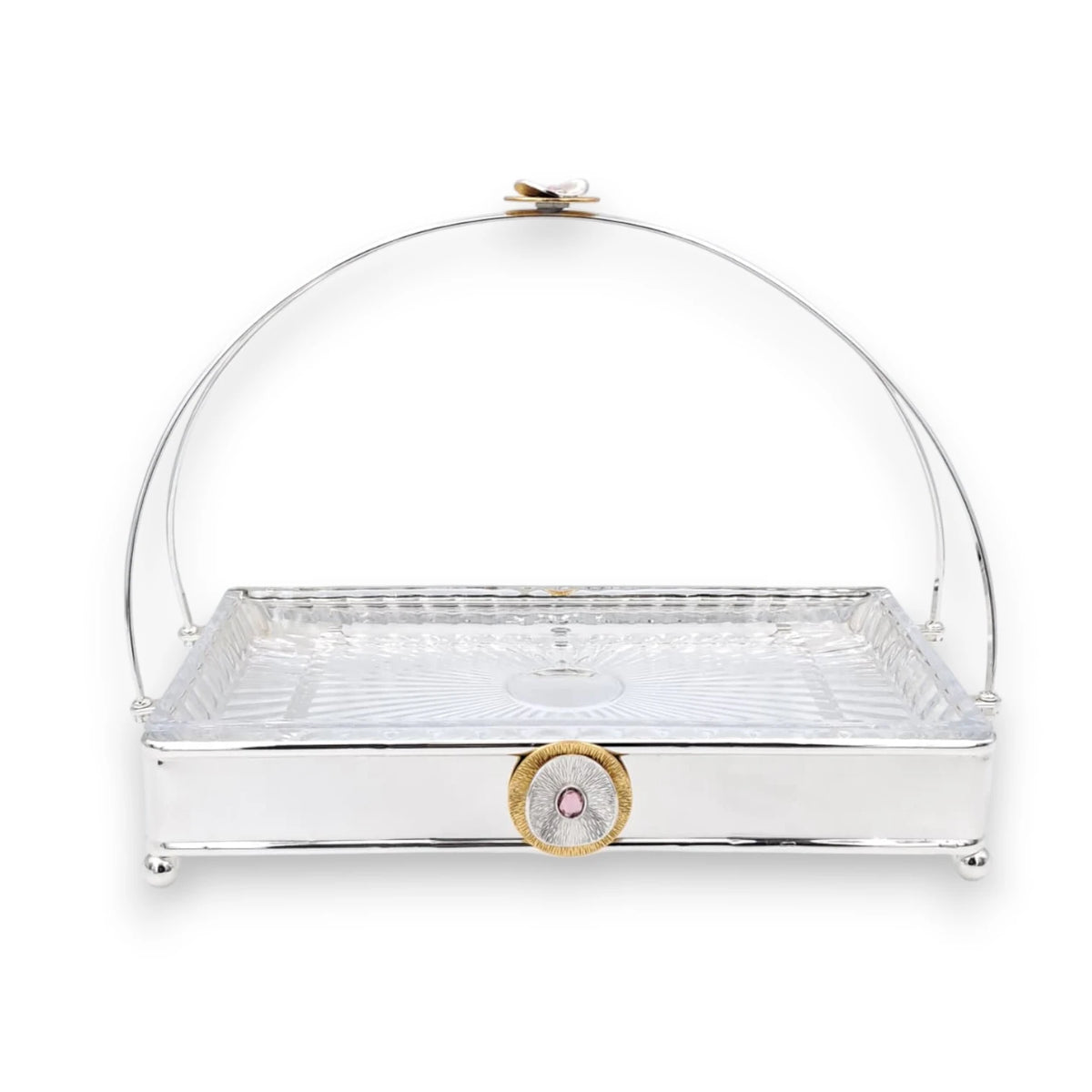 MAY FLOWER Premium Rectangular Serving Tray with Glass Plate Insert and Arch Handle Decorative Food Serving Stand (29H x 37L x 21.5W CM) - Damoo