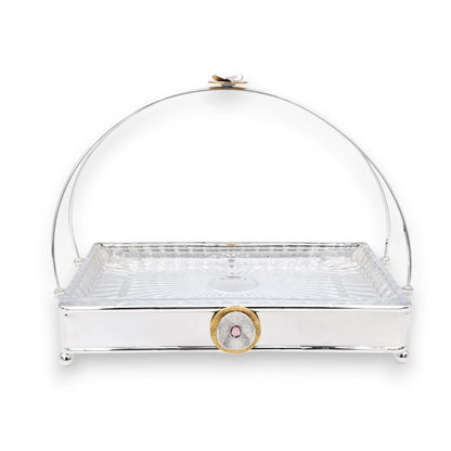 MAY FLOWER Premium Rectangular Serving Tray with Glass Plate Insert and Arch Handle Decorative Food Serving Stand (29H x 37L x 21.5W CM) - Damoo