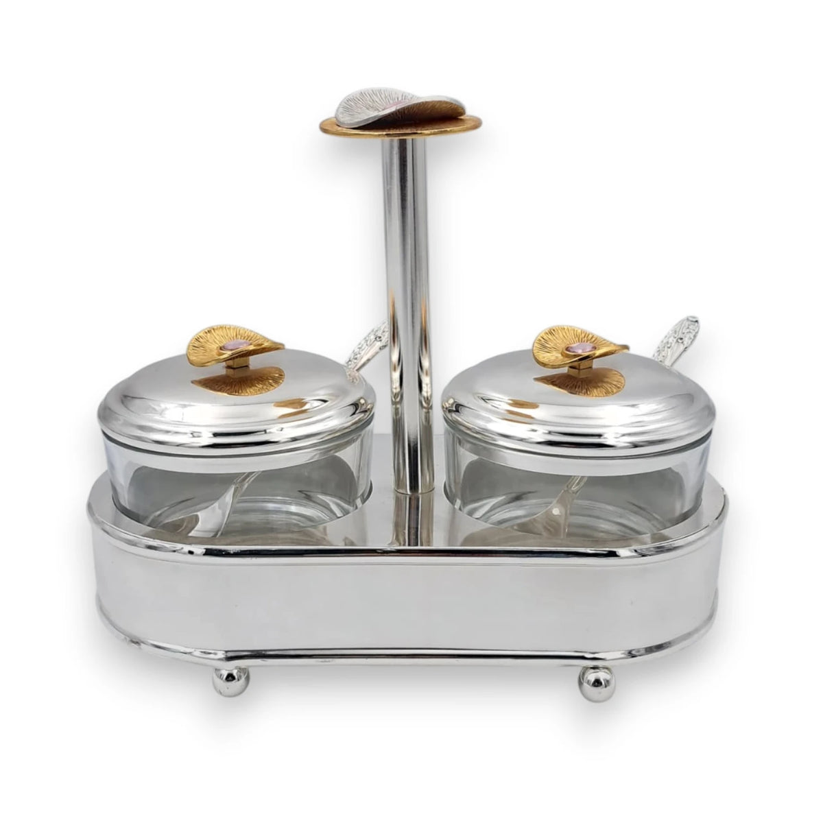 Luxury Double Glass Condiment Jar Set with Silver Metal Stand, Decorative Sugar Bowl Spice Container with Lids & Spoons for Tea Coffee Table Kitchen Storage (19H x 21L x 11W CM) - Damoo