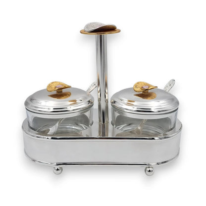Luxury Double Glass Condiment Jar Set with Silver Metal Stand, Decorative Sugar Bowl Spice Container with Lids & Spoons for Tea Coffee Table Kitchen Storage (19H x 21L x 11W CM) - Damoo