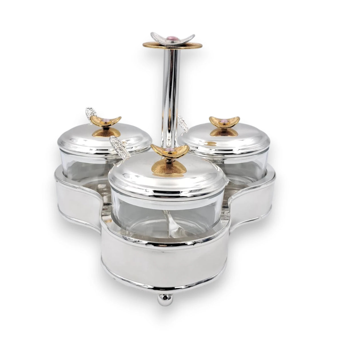Luxury 3 Jar Condiment Server Set with Stand and Spoons, Glass Spice Storage Containers with Lids, Decorative Sugar Candy Nut Serving Organizer Holder (H(19cm) x W(22cm) x L(22cm) x cap(8cm)) - Damoo