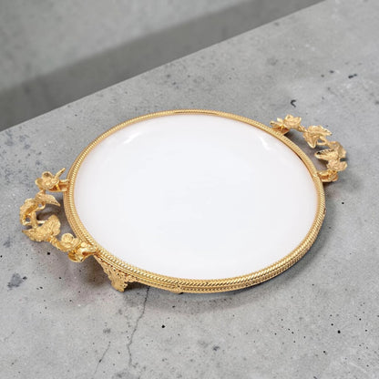 Luxury Round Decorative Serving Tray with Floral Handles and Raised Feet, Elegant Dessert Snack Display Tray for Coffee Table Décor (H(4.5cm) x W(27cm) x L(35cm)) - Damoo