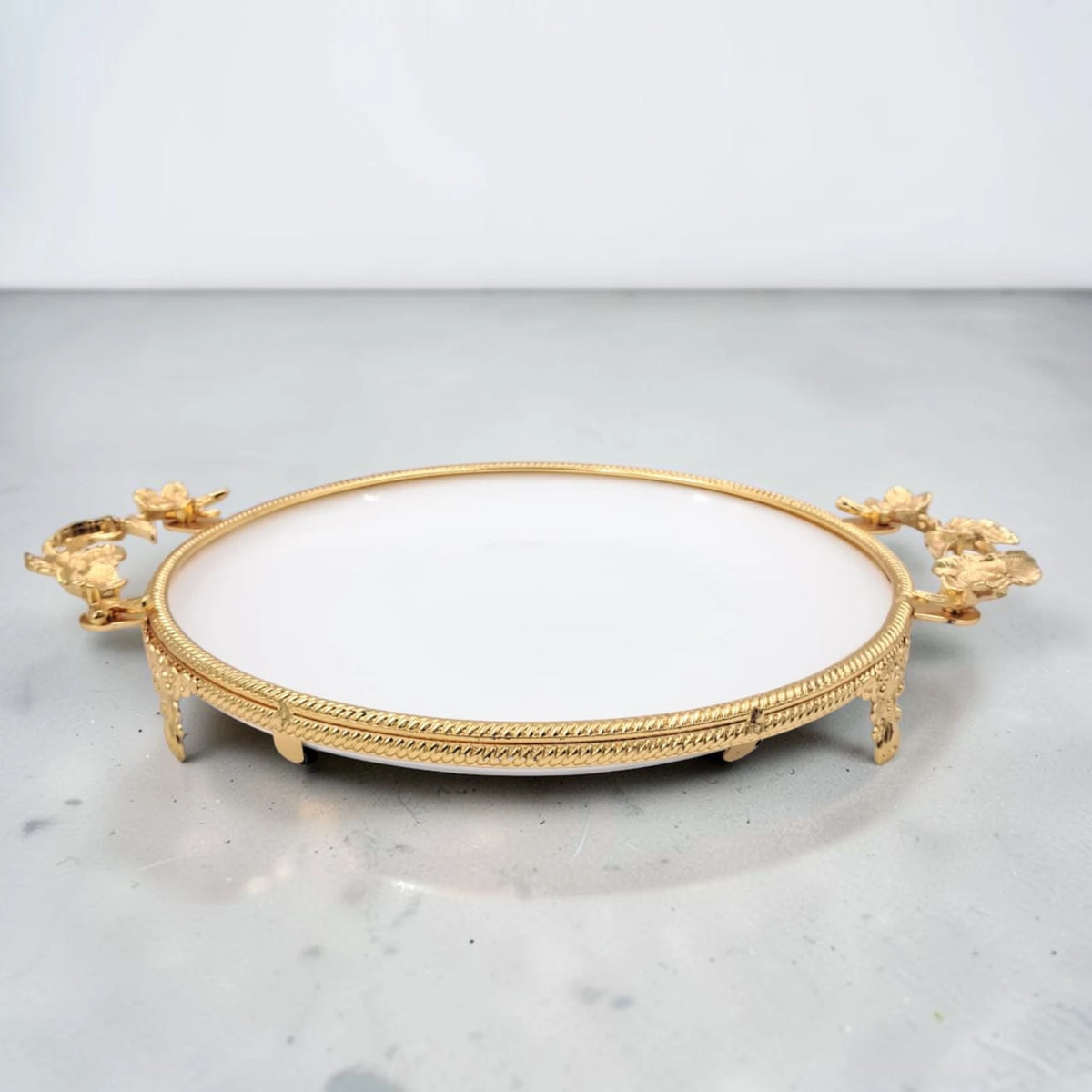 Luxury Round Decorative Serving Tray with Floral Handles and Raised Feet, Elegant Dessert Snack Display Tray for Coffee Table Décor (H(4.5cm) x W(27cm) x L(35cm)) - Damoo