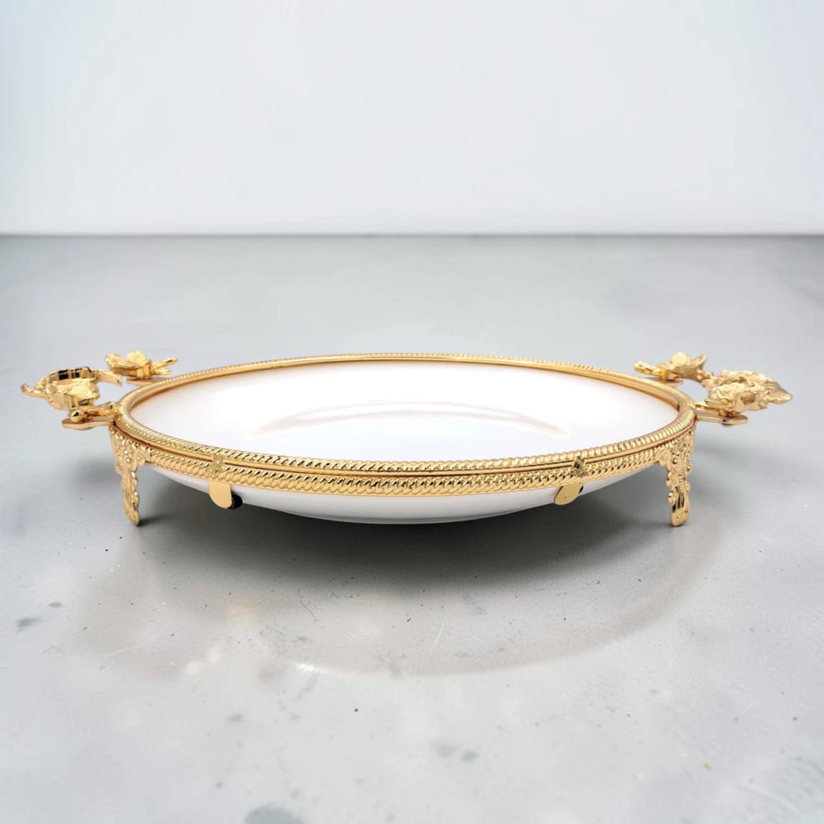 Luxury Round Decorative Serving Tray with Floral Handles and Raised Feet, Elegant Dessert Snack Display Tray for Coffee Table Décor (H(4.5cm) x W(27cm) x L(35cm)) - Damoo
