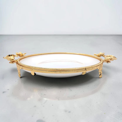 Luxury Round Decorative Serving Tray with Floral Handles and Raised Feet, Elegant Dessert Snack Display Tray for Coffee Table Décor (H(4.5cm) x W(27cm) x L(35cm)) - Damoo