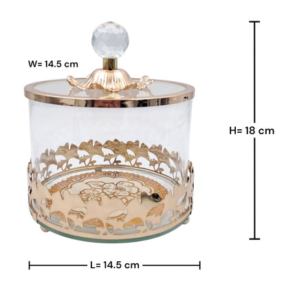Luxury Glass Storage Jar with Ornate Gold Floral Base & Crystal Lid – Elegant Candy, Dates & Dessert Container (14.5 x 14.5 x 18 cm) - Damoo