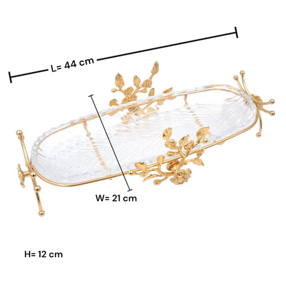 Luxury Oval Glass Serving Tray with Gold Floral Stand – Elegant Dessert, Dates & Candy Display Platter (44 x 21 x 12 cm) - Damoo