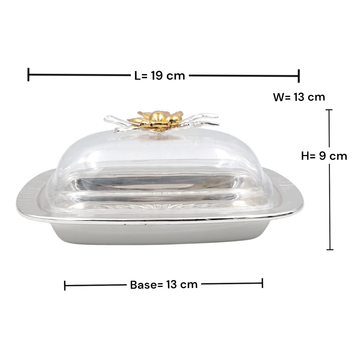 Elegant Butter Dish with Clear Lid & Gold Floral Handle – Premium Serving Tray for Butter, Cheese & Desserts (19 x 13 x 9 cm) - Damoo