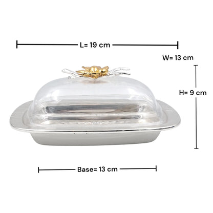 Elegant Butter Dish with Clear Lid & Gold Floral Handle – Premium Serving Tray for Butter, Cheese & Desserts (19 x 13 x 9 cm) - Damoo