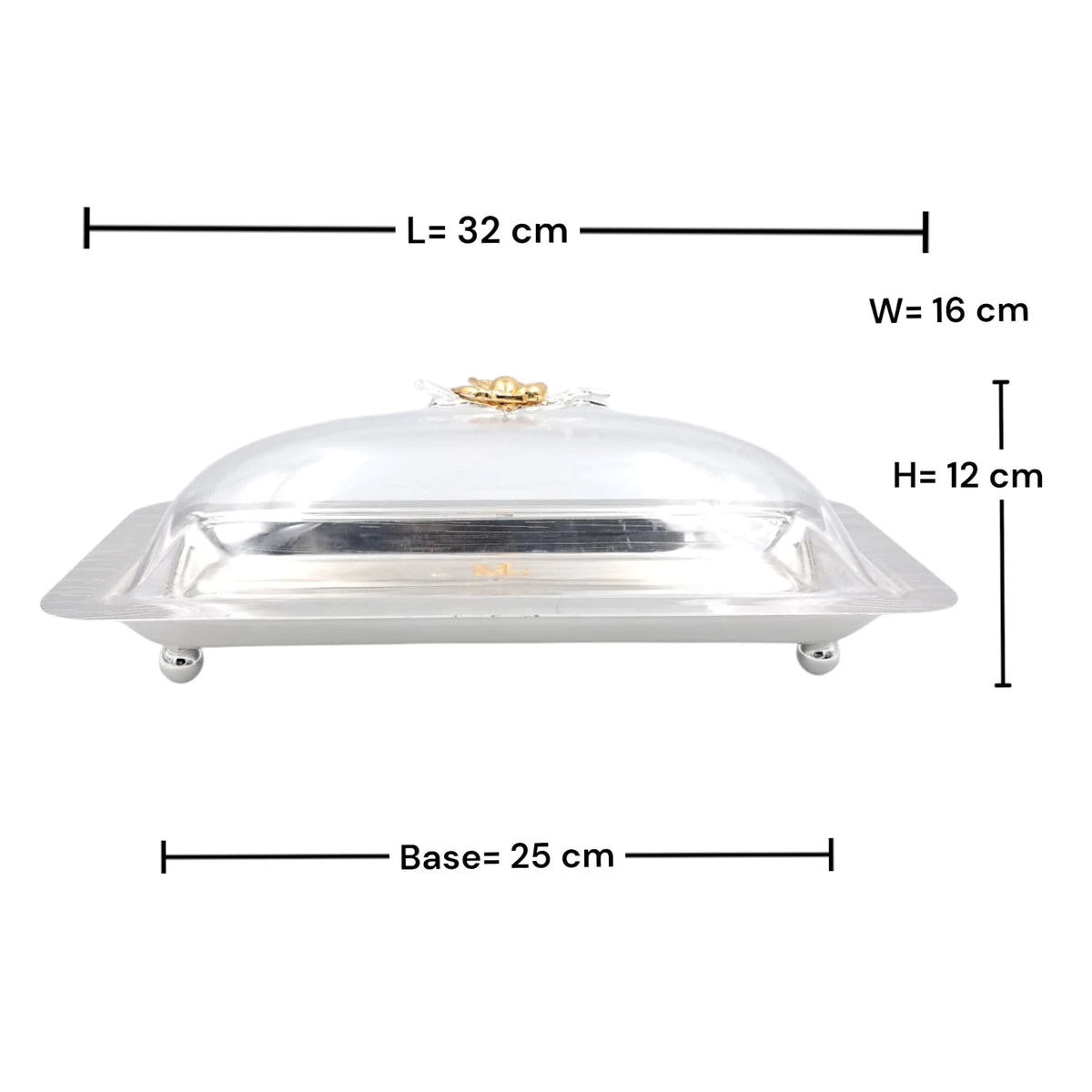 Elegant Rectangular Butter Dish with Clear Lid & Gold Floral Handle – Premium Serving Tray for Butter, Cheese & Desserts (32 x 16 x 12 cm) - Damoo