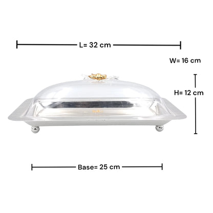 Elegant Rectangular Butter Dish with Clear Lid & Gold Floral Handle – Premium Serving Tray for Butter, Cheese & Desserts (32 x 16 x 12 cm) - Damoo