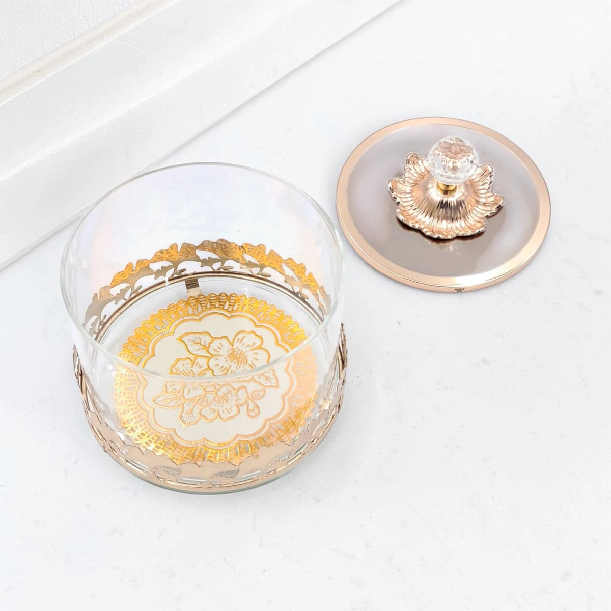 Luxury Glass Storage Jar with Ornate Gold Floral Base & Crystal Lid – Elegant Candy, Dates & Dessert Container (14.5 x 14.5 x 18 cm) - Damoo