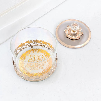 Luxury Glass Storage Jar with Ornate Gold Floral Base & Crystal Lid – Elegant Candy, Dates & Dessert Container (14.5 x 14.5 x 18 cm) - Damoo