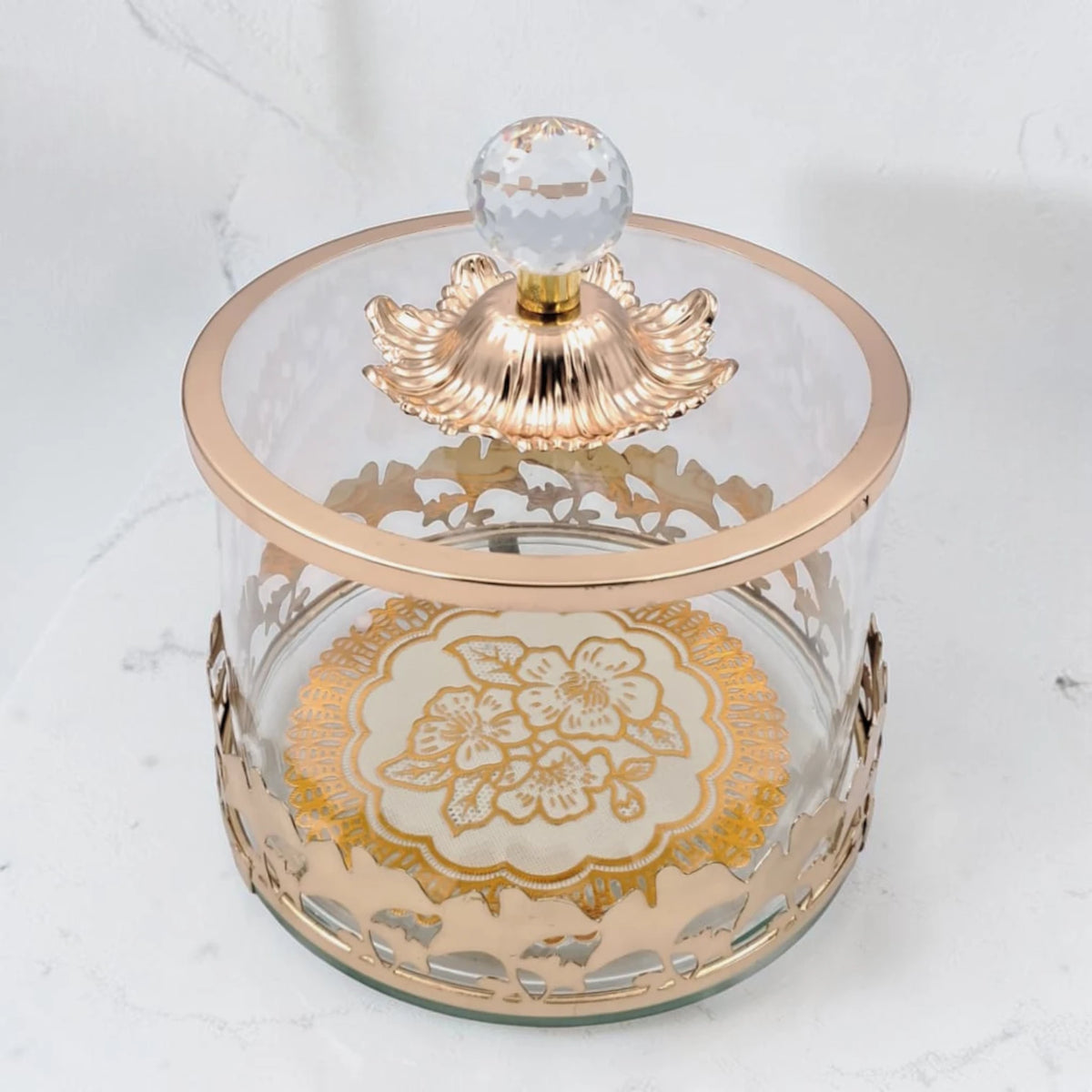 Luxury Glass Storage Jar with Ornate Gold Floral Base & Crystal Lid – Elegant Candy, Dates & Dessert Container (14.5 x 14.5 x 18 cm) - Damoo