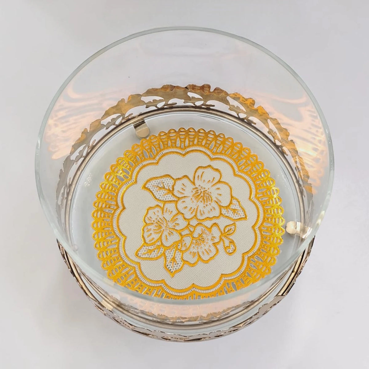 Luxury Glass Storage Jar with Ornate Gold Floral Base & Crystal Lid – Elegant Candy, Dates & Dessert Container (14.5 x 14.5 x 18 cm) - Damoo