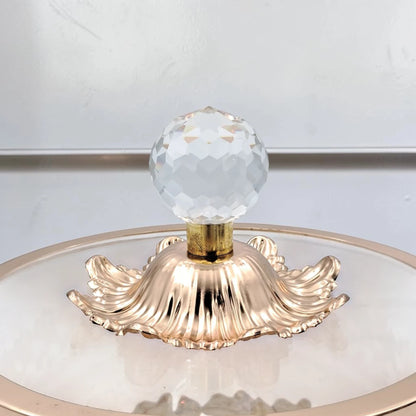 Luxury Glass Storage Jar with Ornate Gold Floral Base & Crystal Lid – Elegant Candy, Dates & Dessert Container (14.5 x 14.5 x 18 cm) - Damoo