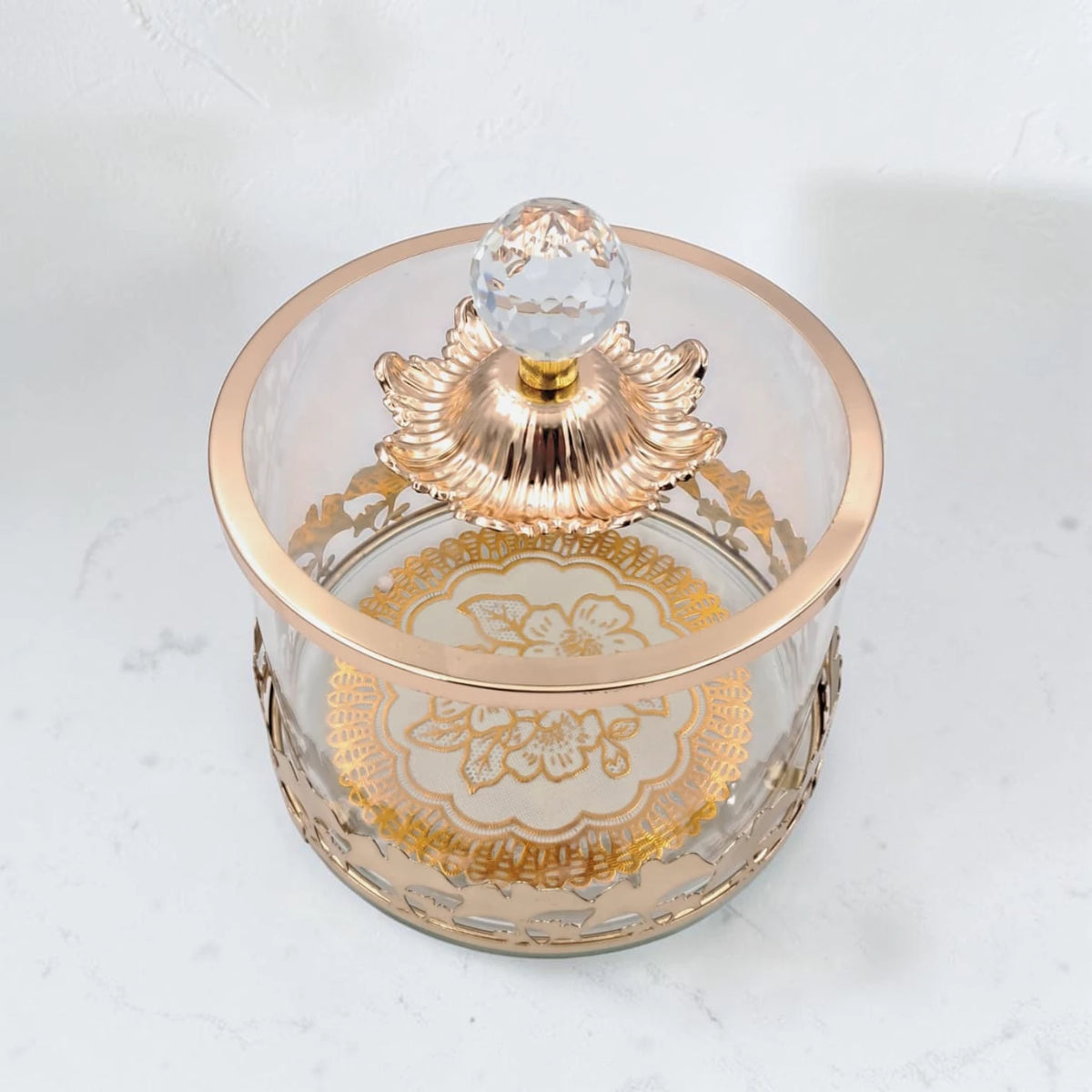 Luxury Glass Storage Jar with Ornate Gold Floral Base & Crystal Lid – Elegant Candy, Dates & Dessert Container (14.5 x 14.5 x 18 cm) - Damoo