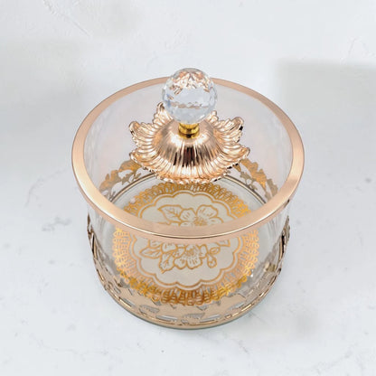 Luxury Glass Storage Jar with Ornate Gold Floral Base & Crystal Lid – Elegant Candy, Dates & Dessert Container (14.5 x 14.5 x 18 cm) - Damoo