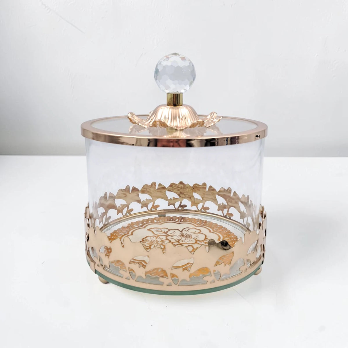 Luxury Glass Storage Jar with Ornate Gold Floral Base & Crystal Lid – Elegant Candy, Dates & Dessert Container (14.5 x 14.5 x 18 cm) - Damoo