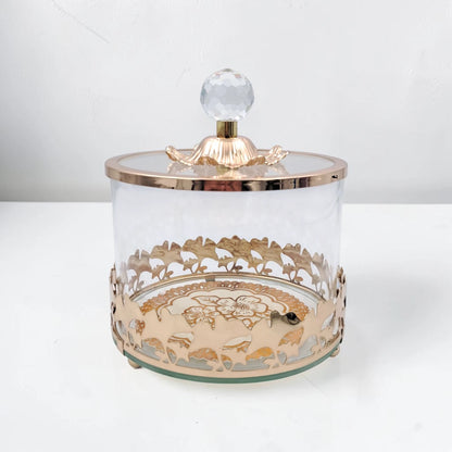 Luxury Glass Storage Jar with Ornate Gold Floral Base & Crystal Lid – Elegant Candy, Dates & Dessert Container (14.5 x 14.5 x 18 cm) - Damoo