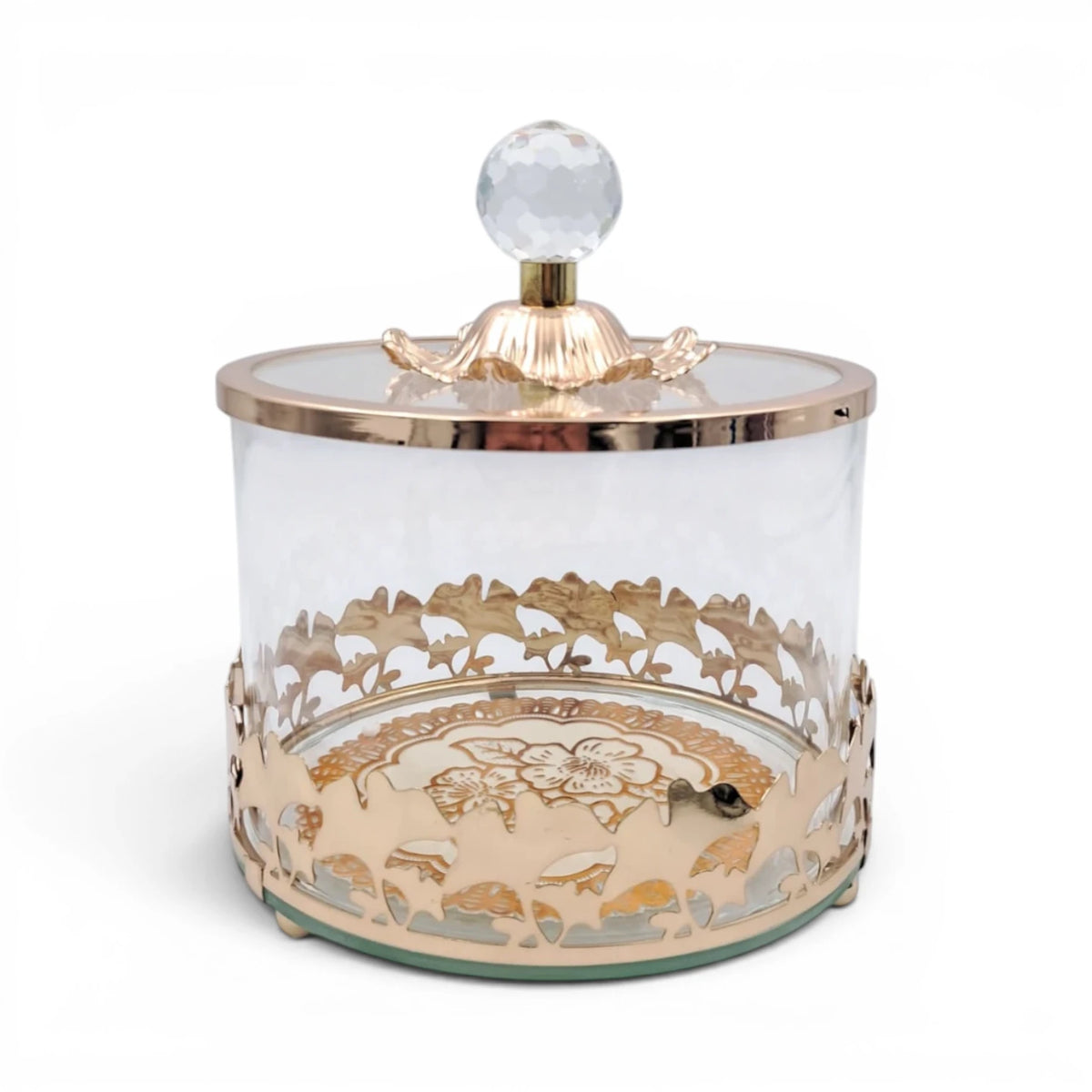 Luxury Glass Storage Jar with Ornate Gold Floral Base & Crystal Lid – Elegant Candy, Dates & Dessert Container (14.5 x 14.5 x 18 cm) - Damoo