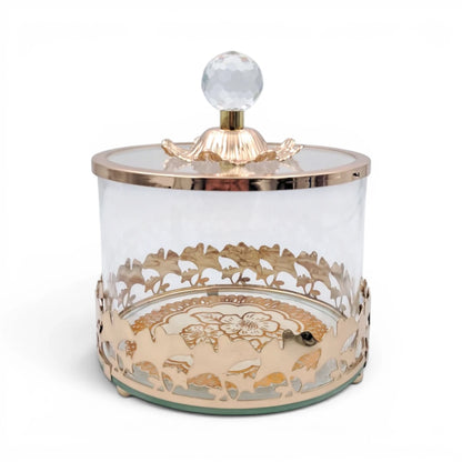 Luxury Glass Storage Jar with Ornate Gold Floral Base & Crystal Lid – Elegant Candy, Dates & Dessert Container (14.5 x 14.5 x 18 cm) - Damoo