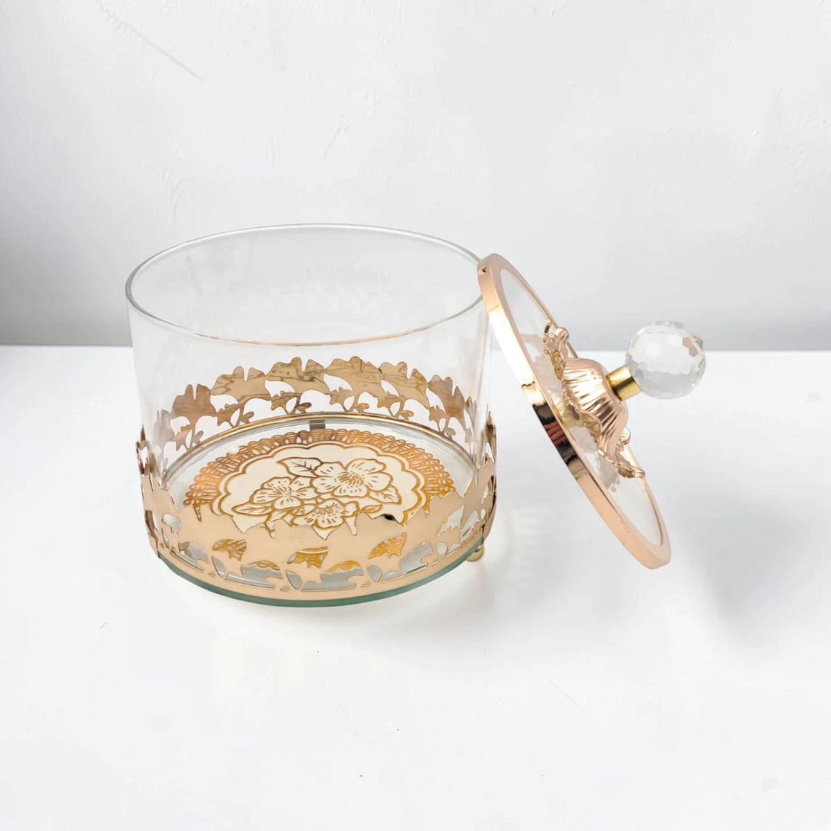 Luxury Glass Storage Jar with Ornate Gold Floral Base & Crystal Lid – Elegant Candy, Dates & Dessert Container (14.5 x 14.5 x 18 cm) - Damoo