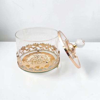 Luxury Glass Storage Jar with Ornate Gold Floral Base & Crystal Lid – Elegant Candy, Dates & Dessert Container (14.5 x 14.5 x 18 cm) - Damoo