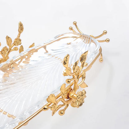 Luxury Oval Glass Serving Tray with Gold Floral Stand – Elegant Dessert, Dates & Candy Display Platter (44 x 21 x 12 cm) - Damoo