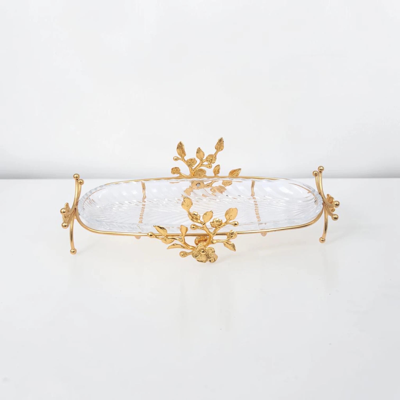 Luxury Oval Glass Serving Tray with Gold Floral Stand – Elegant Dessert, Dates & Candy Display Platter (44 x 21 x 12 cm) - Damoo