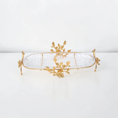 Luxury Oval Glass Serving Tray with Gold Floral Stand – Elegant Dessert, Dates & Candy Display Platter (44 x 21 x 12 cm) - Damoo
