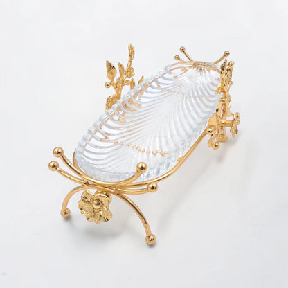Luxury Oval Glass Serving Tray with Gold Floral Stand – Elegant Dessert, Dates & Candy Display Platter (44 x 21 x 12 cm) - Damoo