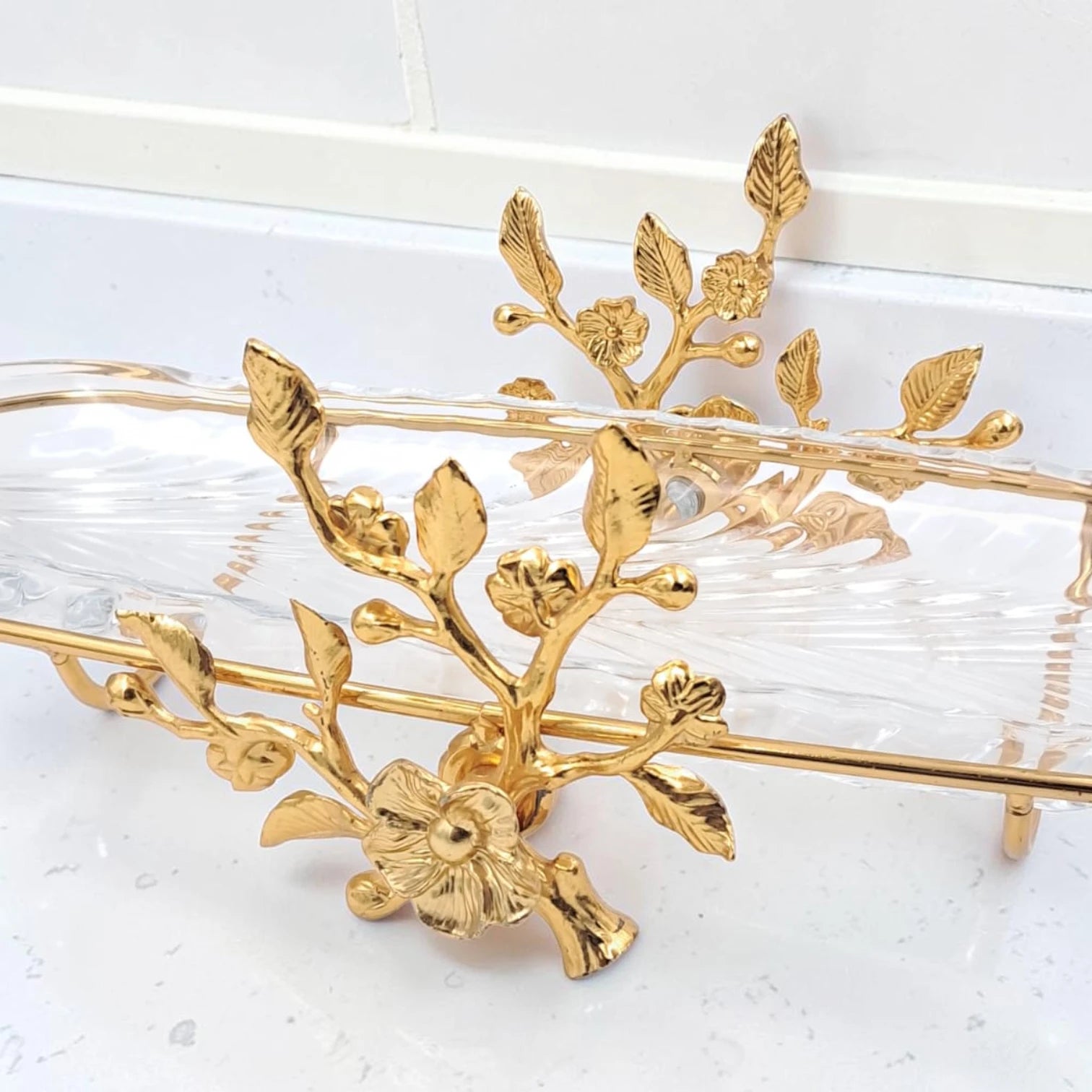 Luxury Oval Glass Serving Tray with Gold Floral Stand – Elegant Dessert, Dates & Candy Display Platter (44 x 21 x 12 cm) - Damoo