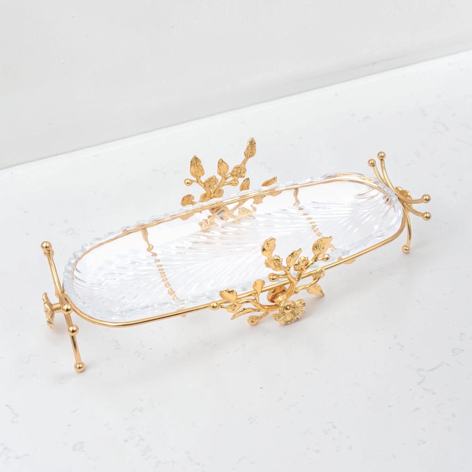 Luxury Oval Glass Serving Tray with Gold Floral Stand – Elegant Dessert, Dates & Candy Display Platter (44 x 21 x 12 cm) - Damoo