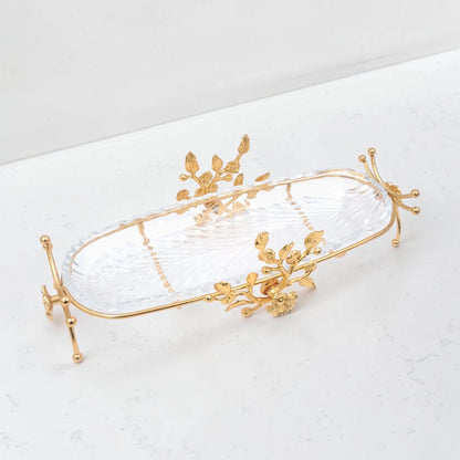 Luxury Oval Glass Serving Tray with Gold Floral Stand – Elegant Dessert, Dates & Candy Display Platter (44 x 21 x 12 cm) - Damoo