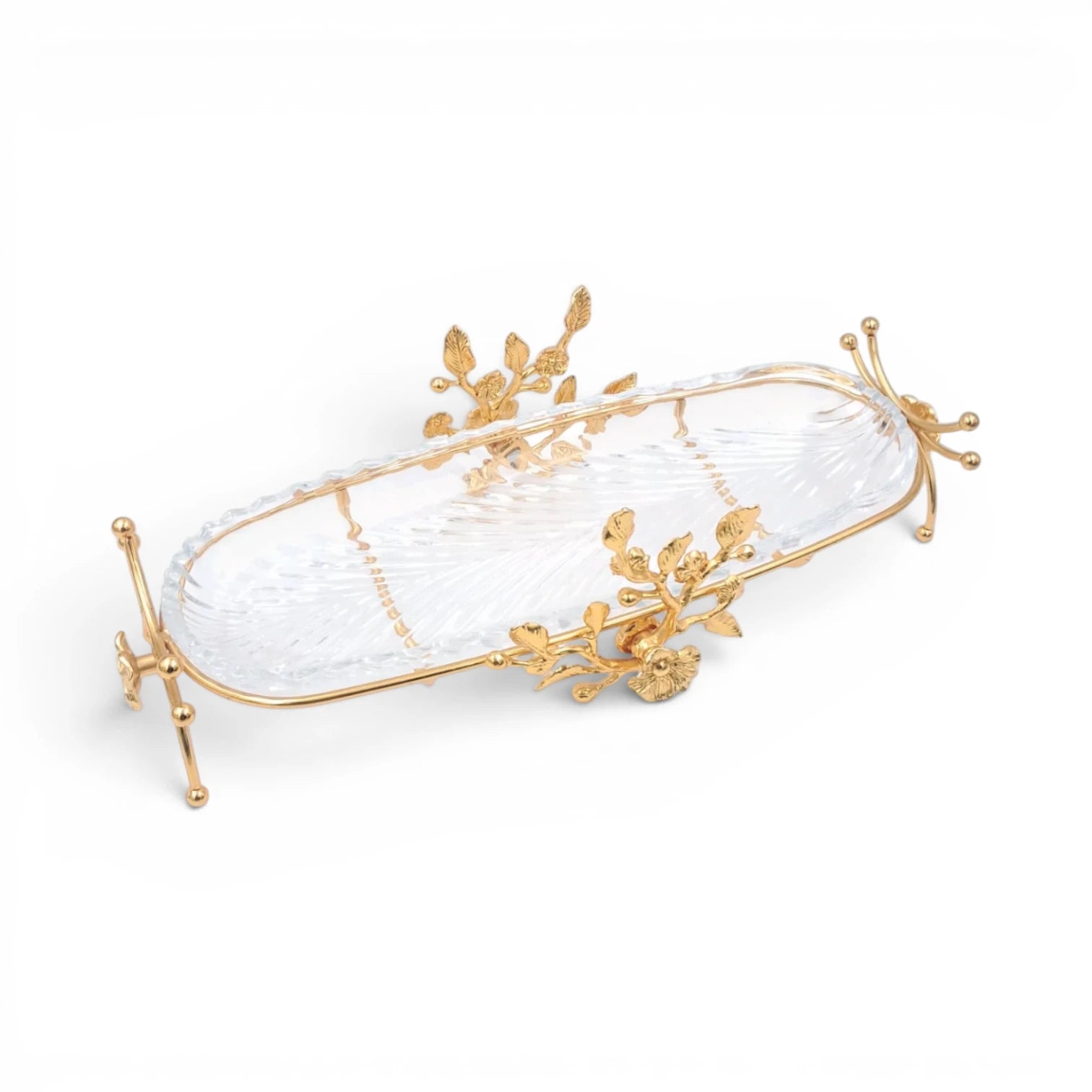 Luxury Oval Glass Serving Tray with Gold Floral Stand – Elegant Dessert, Dates & Candy Display Platter (44 x 21 x 12 cm) - Damoo