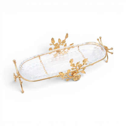 Luxury Oval Glass Serving Tray with Gold Floral Stand – Elegant Dessert, Dates & Candy Display Platter (44 x 21 x 12 cm) - Damoo