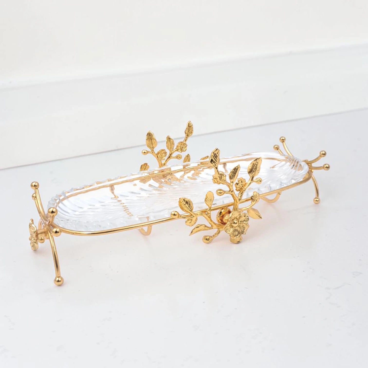 Luxury Oval Glass Serving Tray with Gold Floral Stand – Elegant Dessert, Dates & Candy Display Platter (44 x 21 x 12 cm) - Damoo