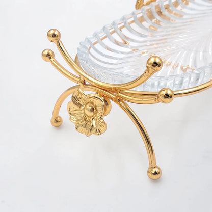 Luxury Oval Glass Serving Tray with Gold Floral Stand – Elegant Dessert, Dates & Candy Display Platter (44 x 21 x 12 cm) - Damoo