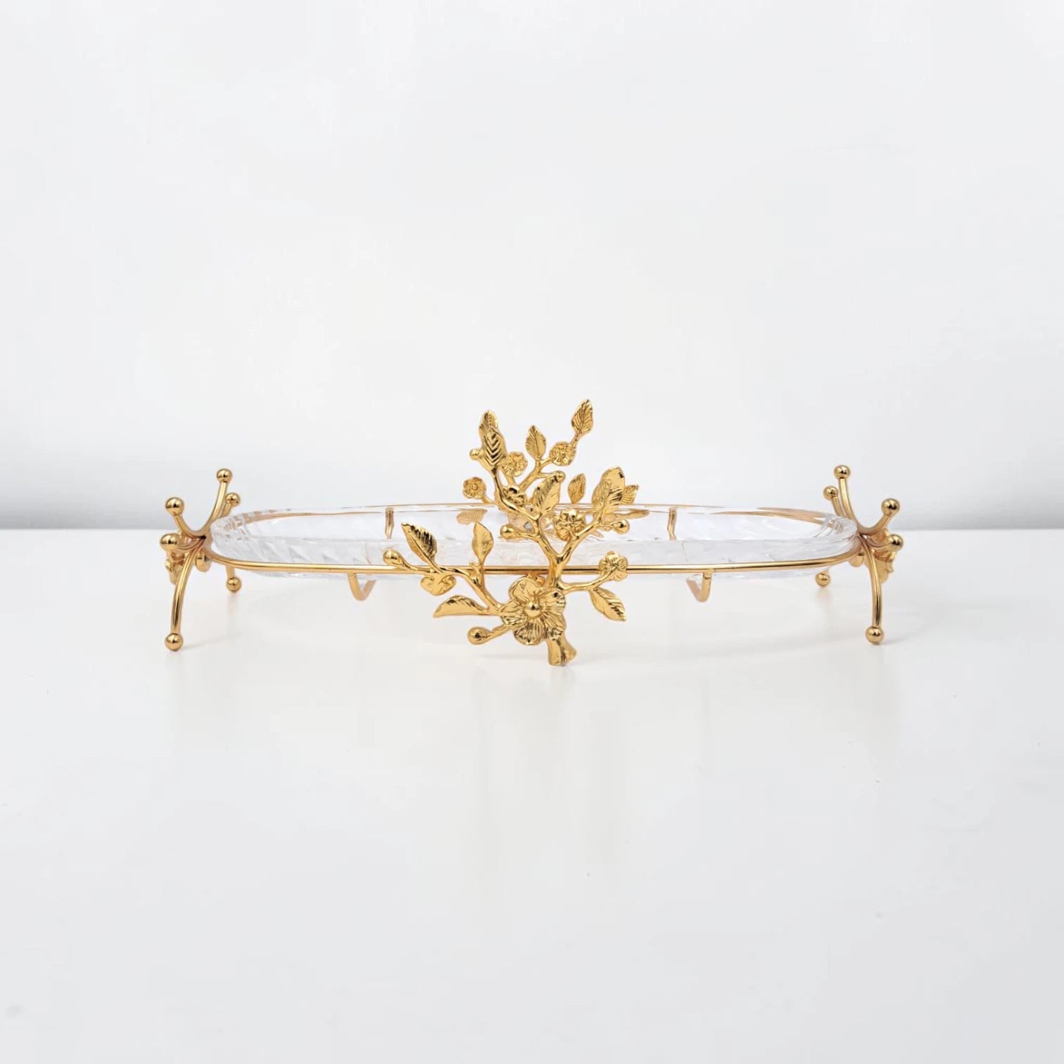 Luxury Oval Glass Serving Tray with Gold Floral Stand – Elegant Dessert, Dates & Candy Display Platter (44 x 21 x 12 cm) - Damoo