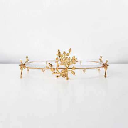 Luxury Oval Glass Serving Tray with Gold Floral Stand – Elegant Dessert, Dates & Candy Display Platter (44 x 21 x 12 cm) - Damoo