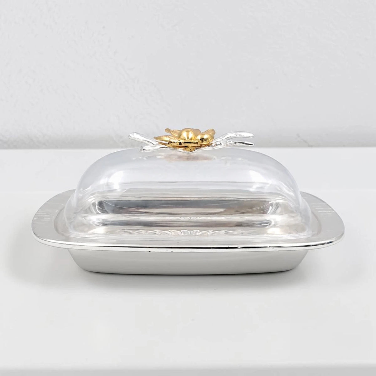 Elegant Butter Dish with Clear Lid & Gold Floral Handle – Premium Serving Tray for Butter, Cheese & Desserts (19 x 13 x 9 cm) - Damoo