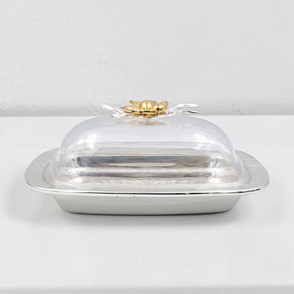 Elegant Butter Dish with Clear Lid & Gold Floral Handle – Premium Serving Tray for Butter, Cheese & Desserts (19 x 13 x 9 cm) - Damoo
